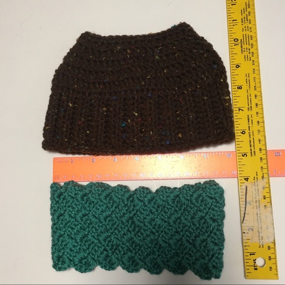 PONYTAIL TOBOGGAN BEANIE BROWN SPECKLED & GREEN HEADBAND HANDMADE - Picture 5 of 7